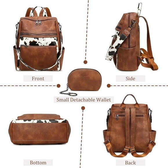 Leather Backpack Women Faux Leather Large Capacity Travel Work Daypack - Picture 5 of 7